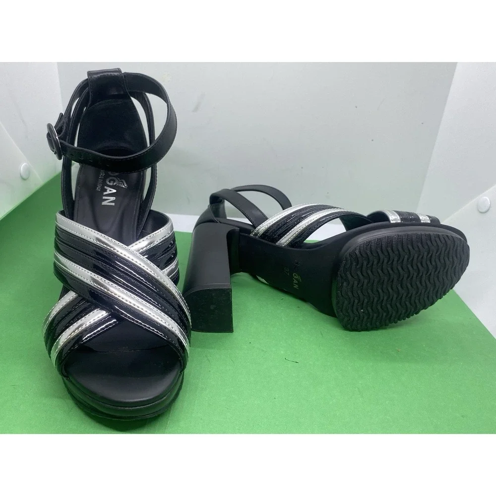 Hogan Black/white Leather Ankle Strap Sandal Heels w/ 1